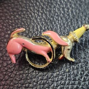 Daschund Circus dog pink brooch Enamel yellow hat vintage
